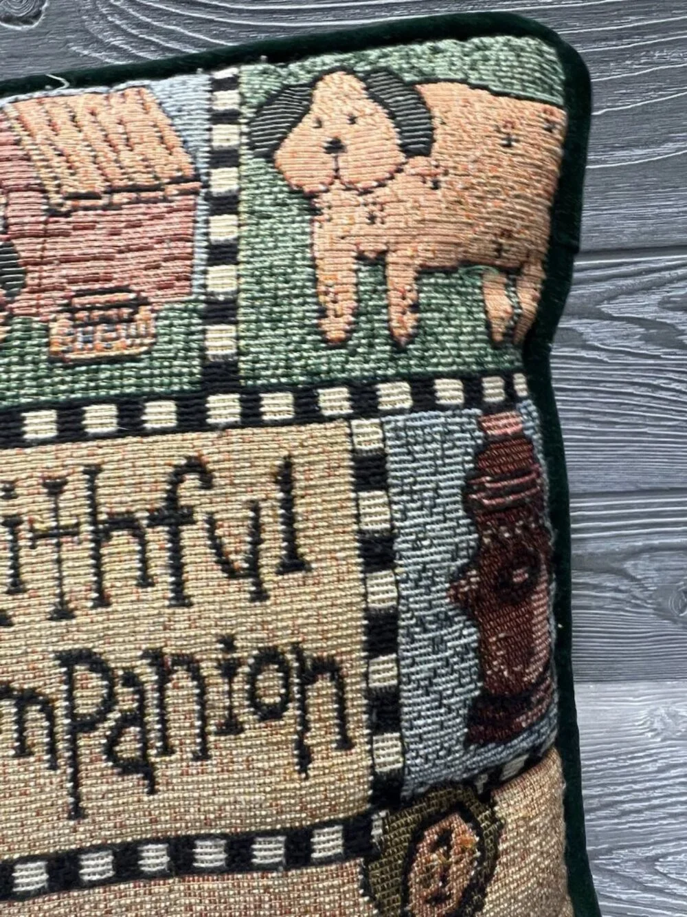 Faithful Companion Dog Puppies Throw Pillow Green Tapestry Velvet Back